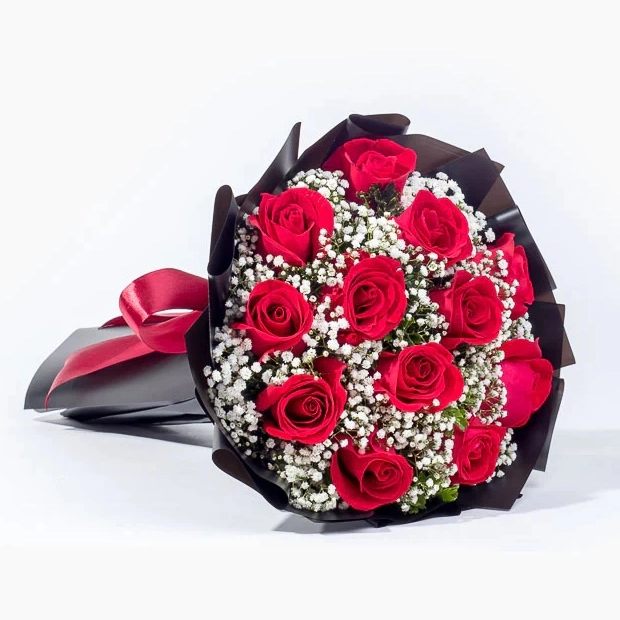 Heartfelt Devotion Roses - 12 red roses and gypsophila