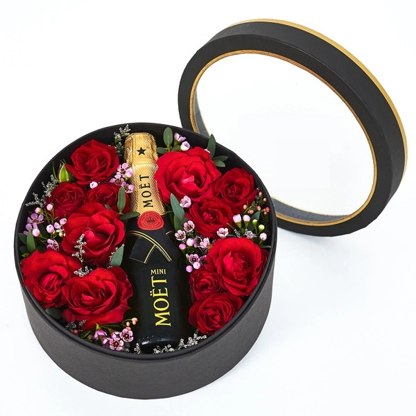Champagne Romance Box - 10 red roses, Mini Moet and fillers in a box